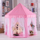 Cort copii castel 135x140 cm forma hexagonala 6 intrari pliabil roz